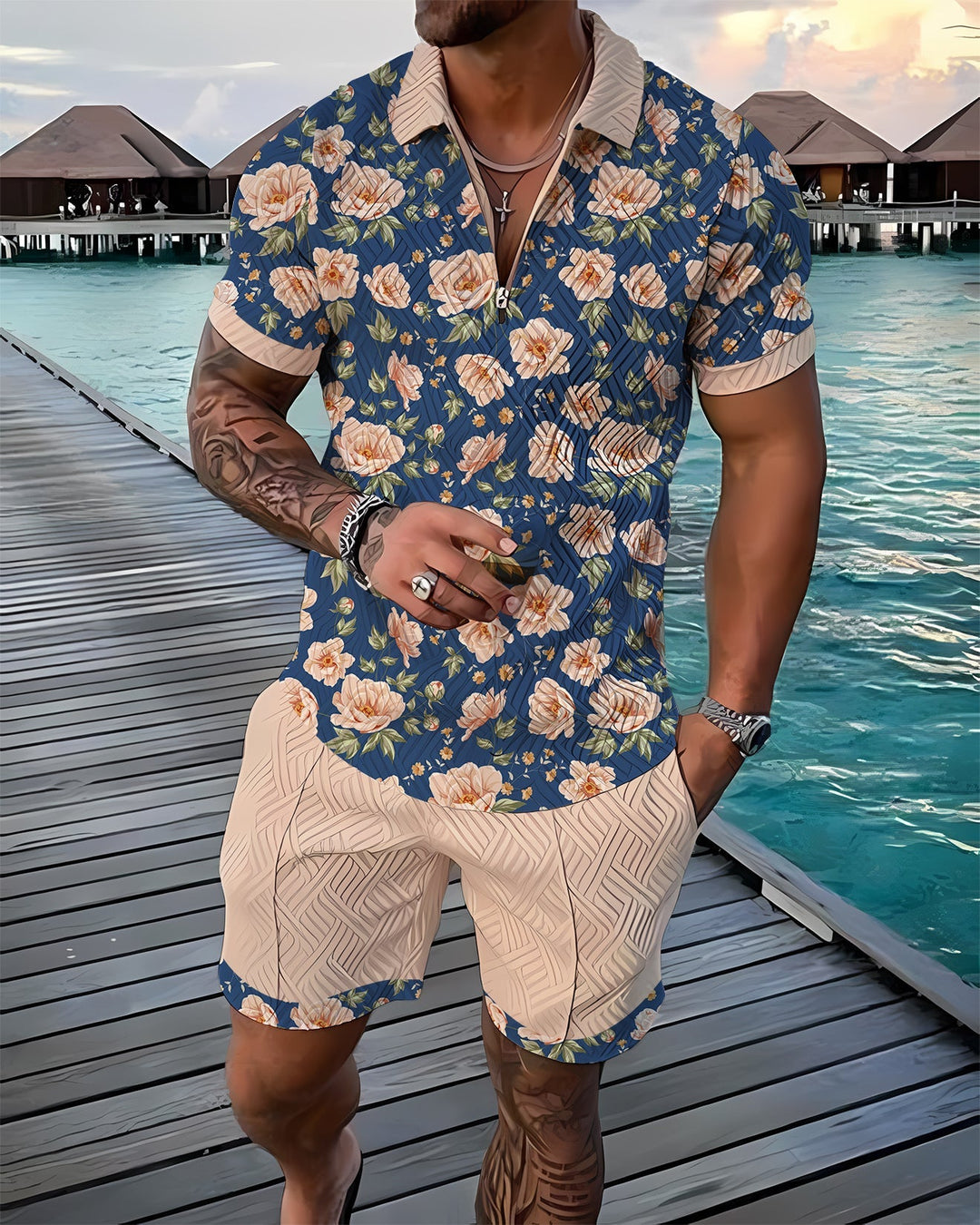 Camisa pólo e calções em calêndula