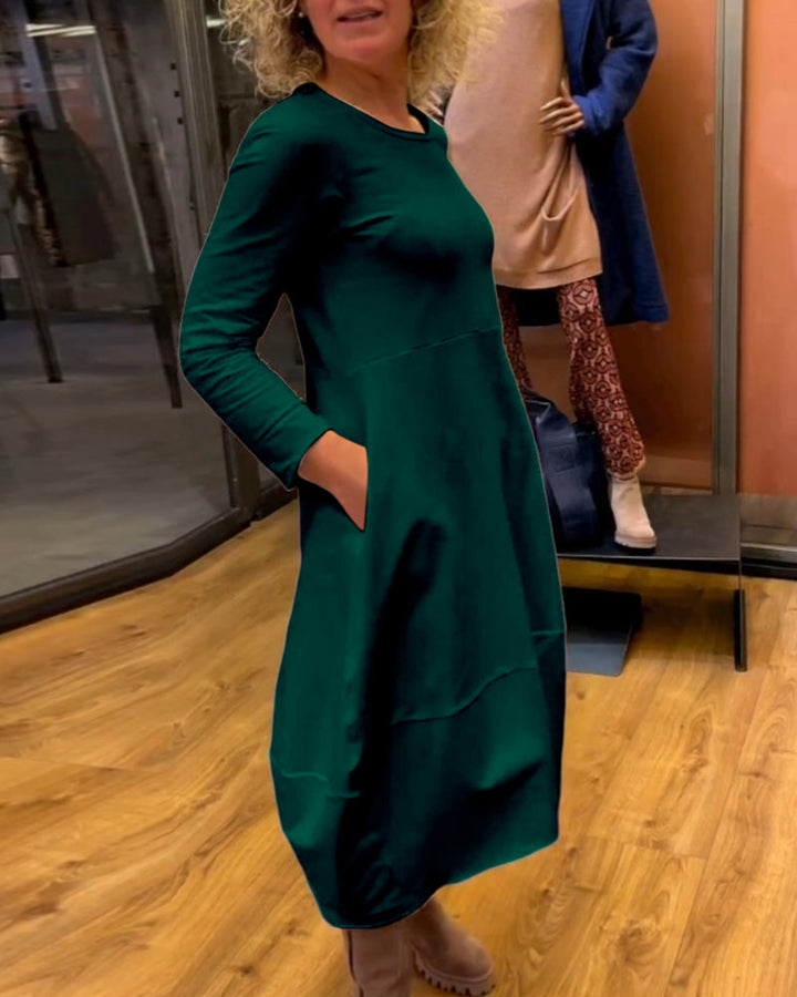 Clara Vestido Midi Outono com Bolsos