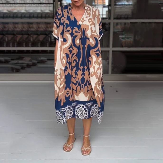 Vestido midi solto com decote em V estampado