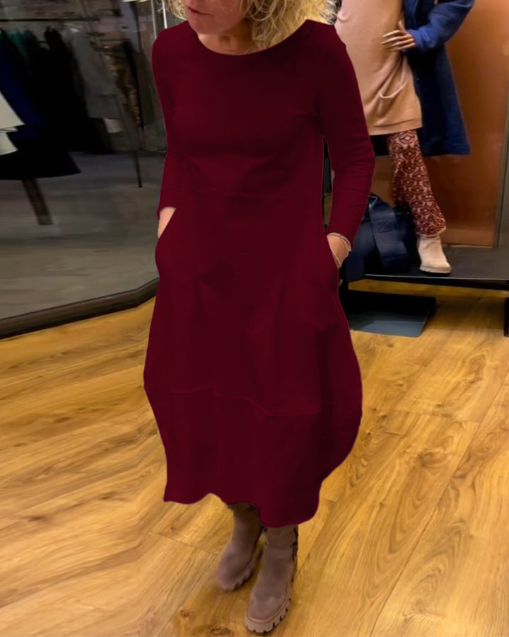 Clara Vestido Midi Outono com Bolsos