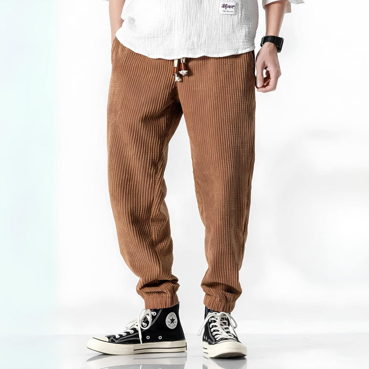 Jitsu - Calças de veludo às riscas Preto Camel