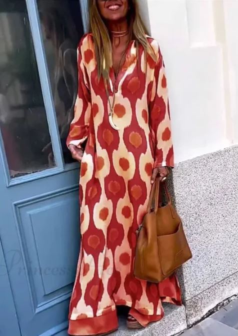 Vestido Boho de Decote em V com Estampado Geométrico e Abertura de Outono