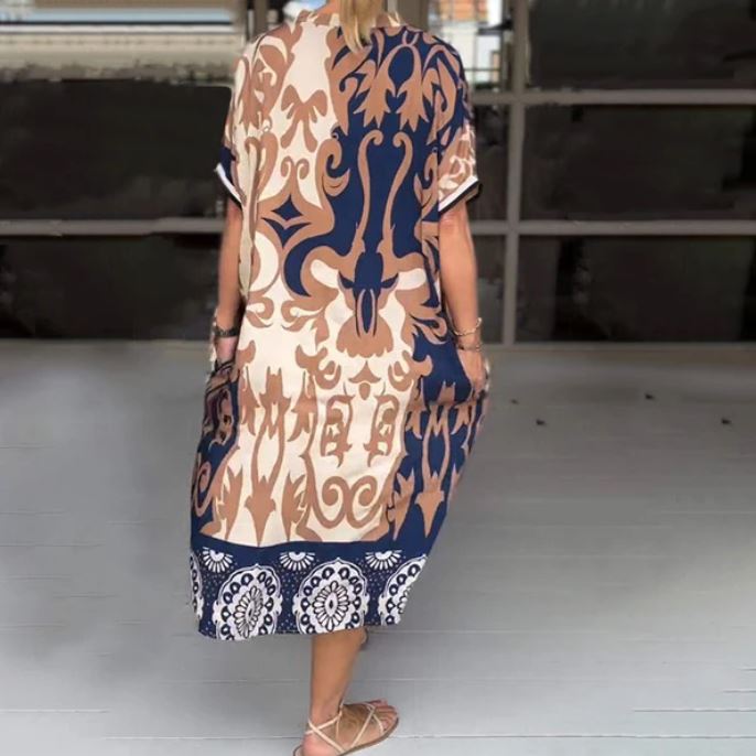 Vestido midi solto com decote em V estampado