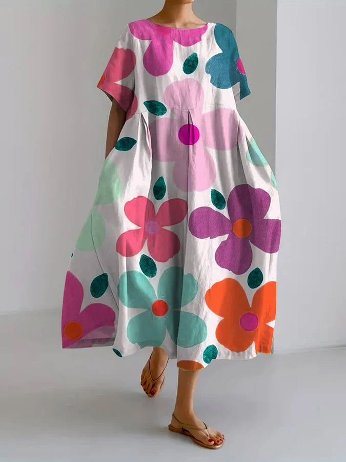 Eliana | Vestido midi floral com estilo despreocupado e conforto de verão para dias coloridos
