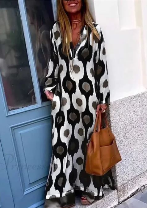 Vestido Boho de Decote em V com Estampado Geométrico e Abertura de Outono
