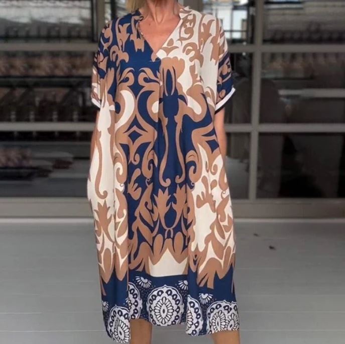 Vestido midi solto com decote em V estampado