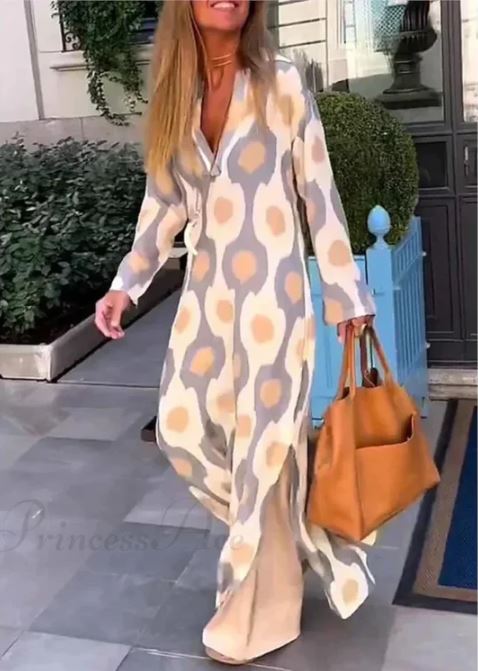 Vestido Boho de Decote em V com Estampado Geométrico e Abertura de Outono