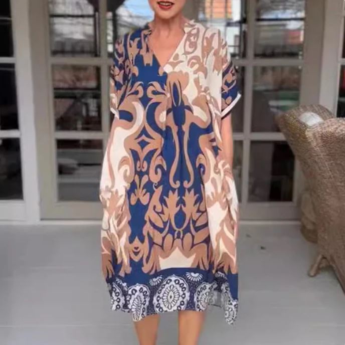 Vestido midi solto com decote em V estampado