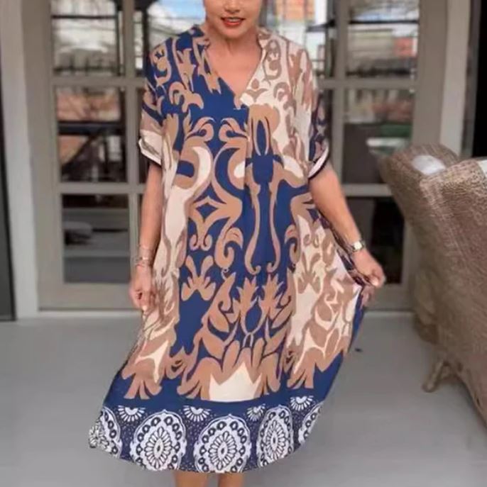 Vestido midi solto com decote em V estampado