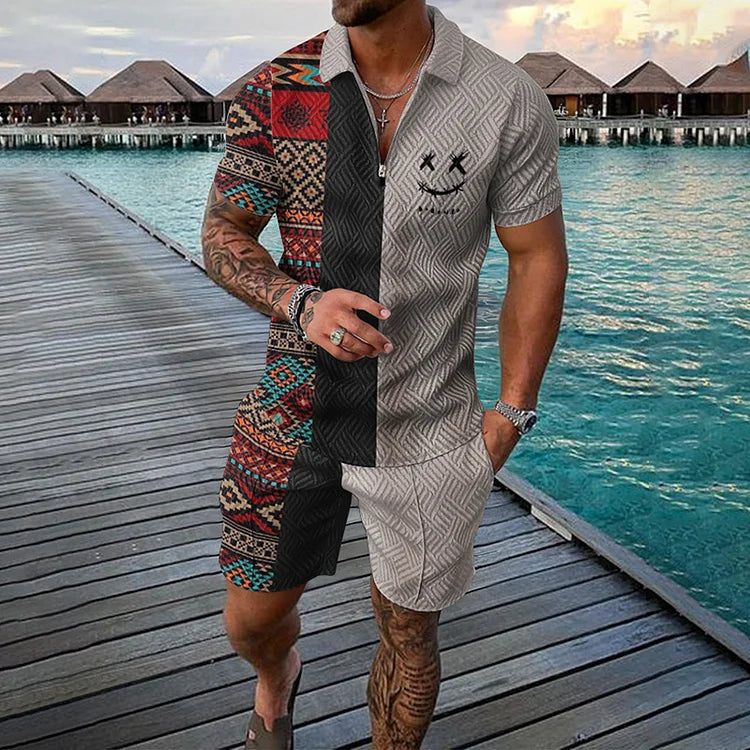 Camisola pólo étnica de dois tons e calções