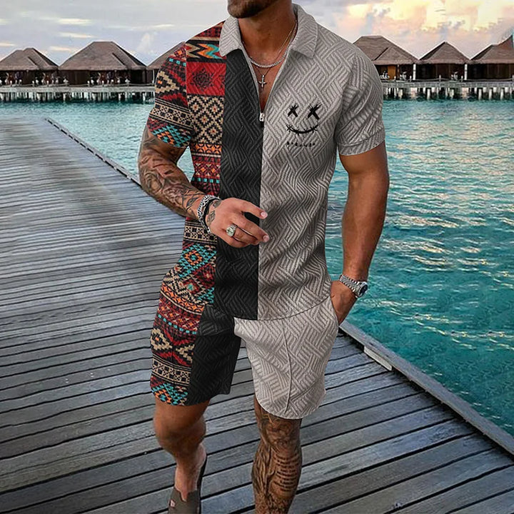 Camisola pólo étnica de dois tons e calções