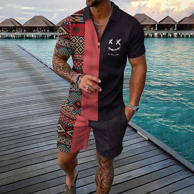Camisola pólo étnica de dois tons e calções