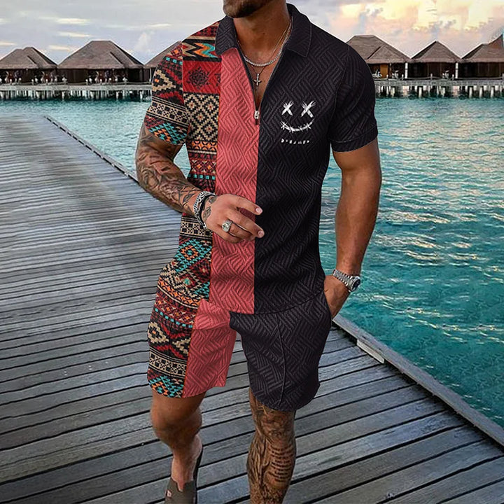 Camisola pólo étnica de dois tons e calções