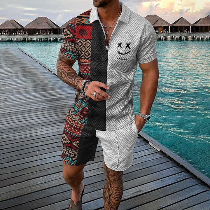 Camisola pólo étnica de dois tons e calções