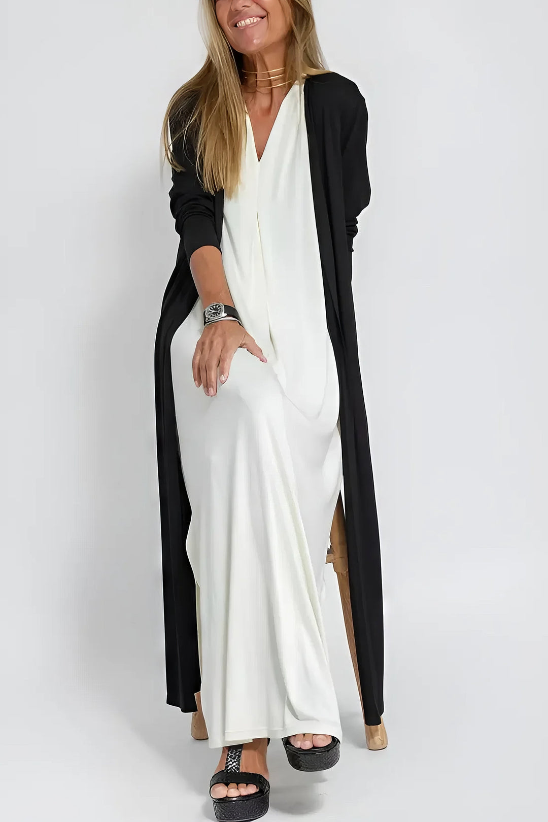 Vestido largo elegante + cárdigan a condizer DE BRINDE