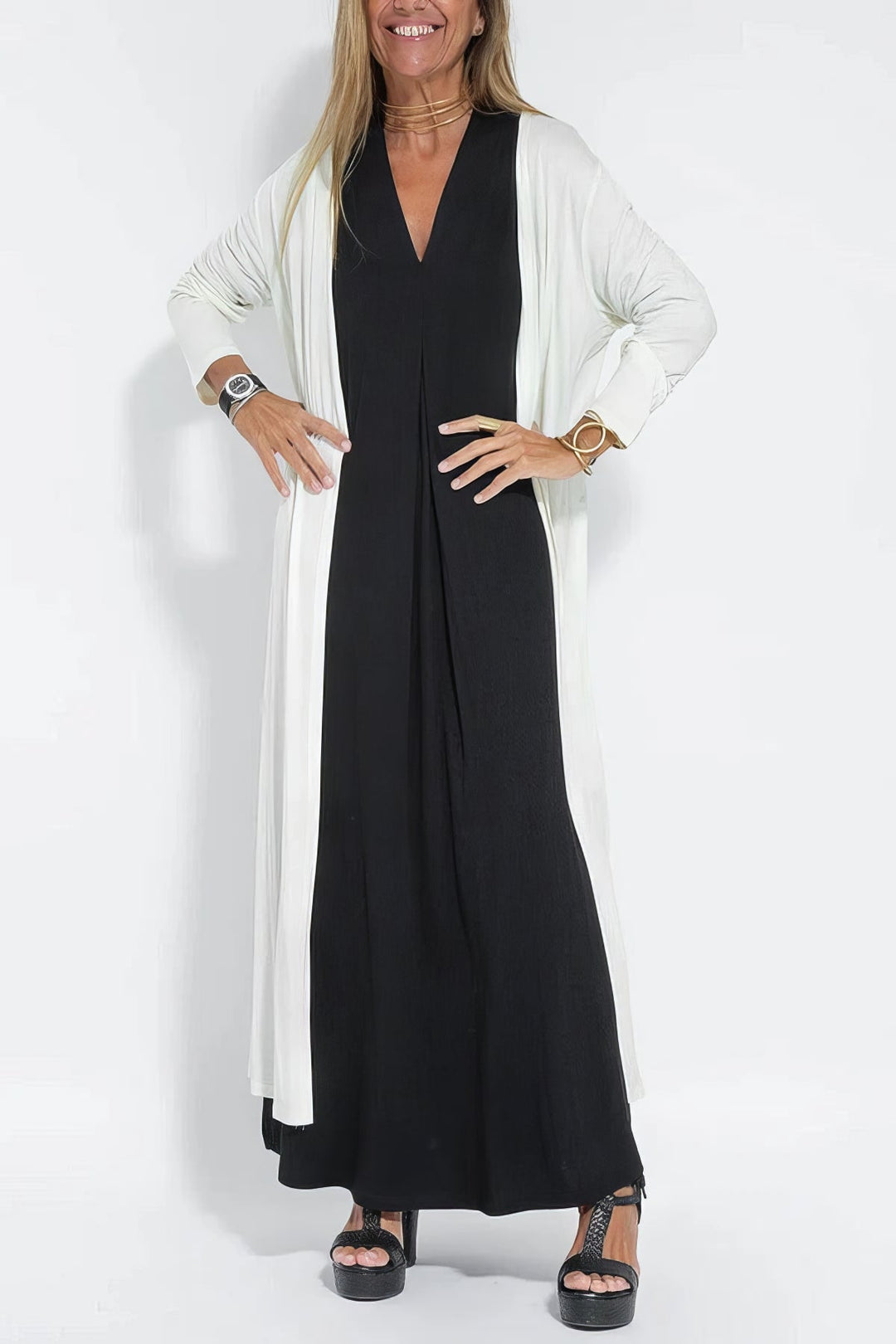 Vestido largo elegante + cárdigan a condizer DE BRINDE