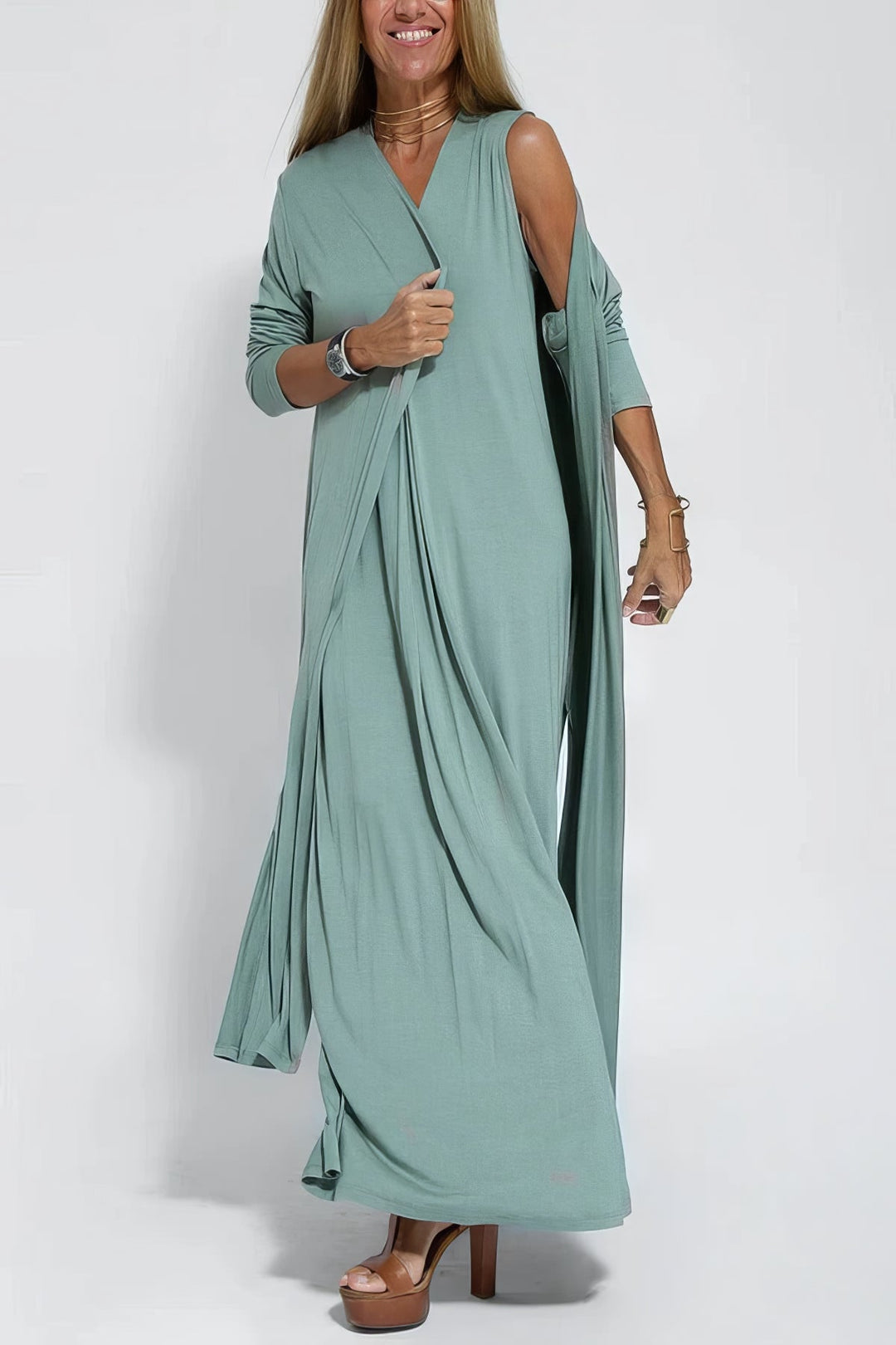 Vestido largo elegante + cárdigan a condizer DE BRINDE